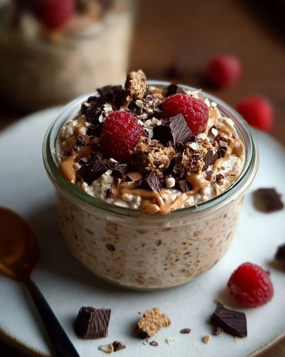 Delicious Cookie Dough Overnight Oats in a bowl topped with chocolate chips and nuts.