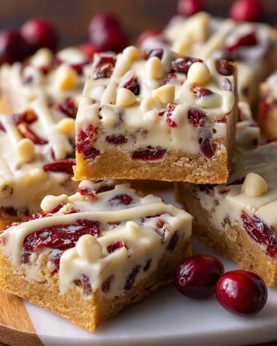 Delicious homemade cranberry bliss bars topped with cream cheese frosting