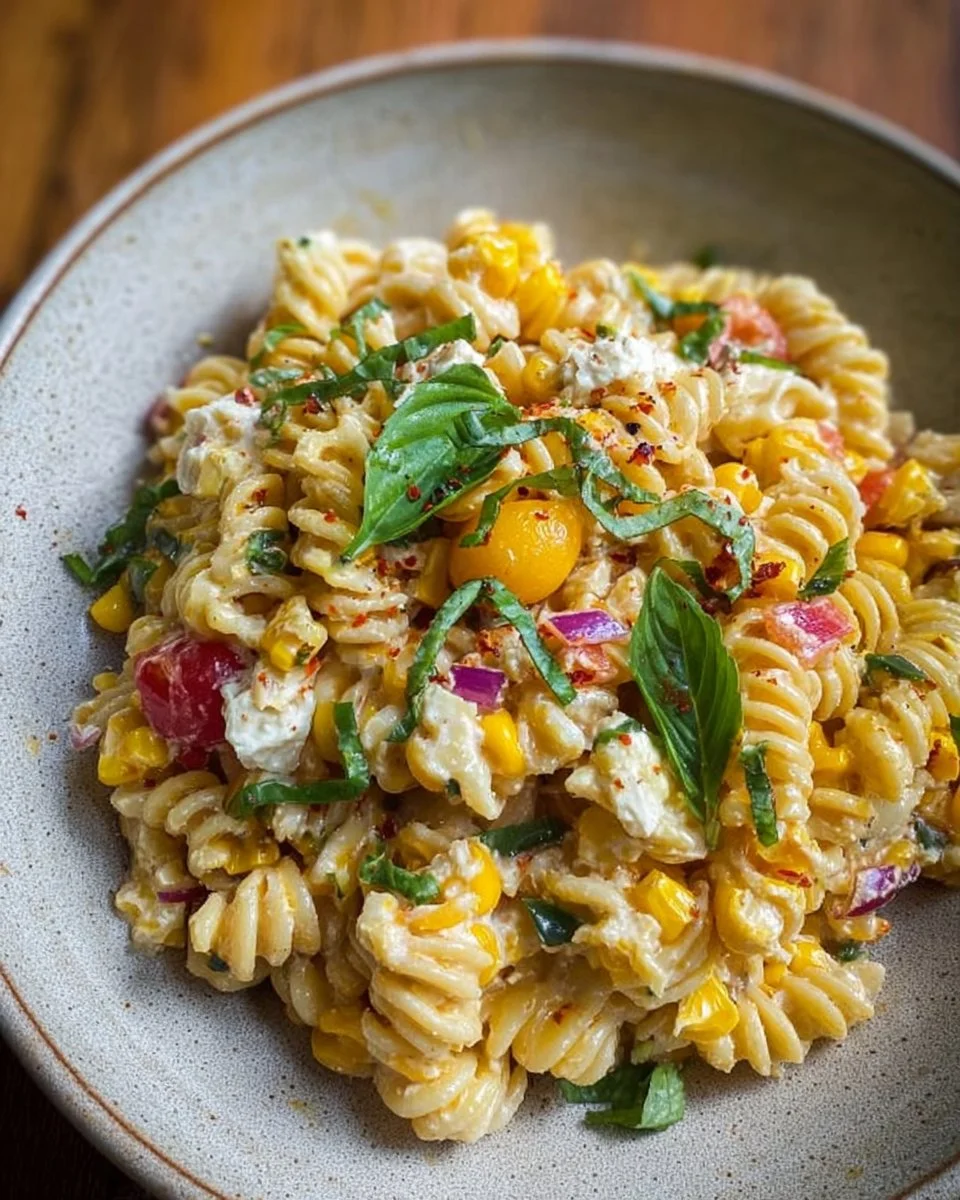 Delicious corn pasta salad with fresh vegetables and dressing