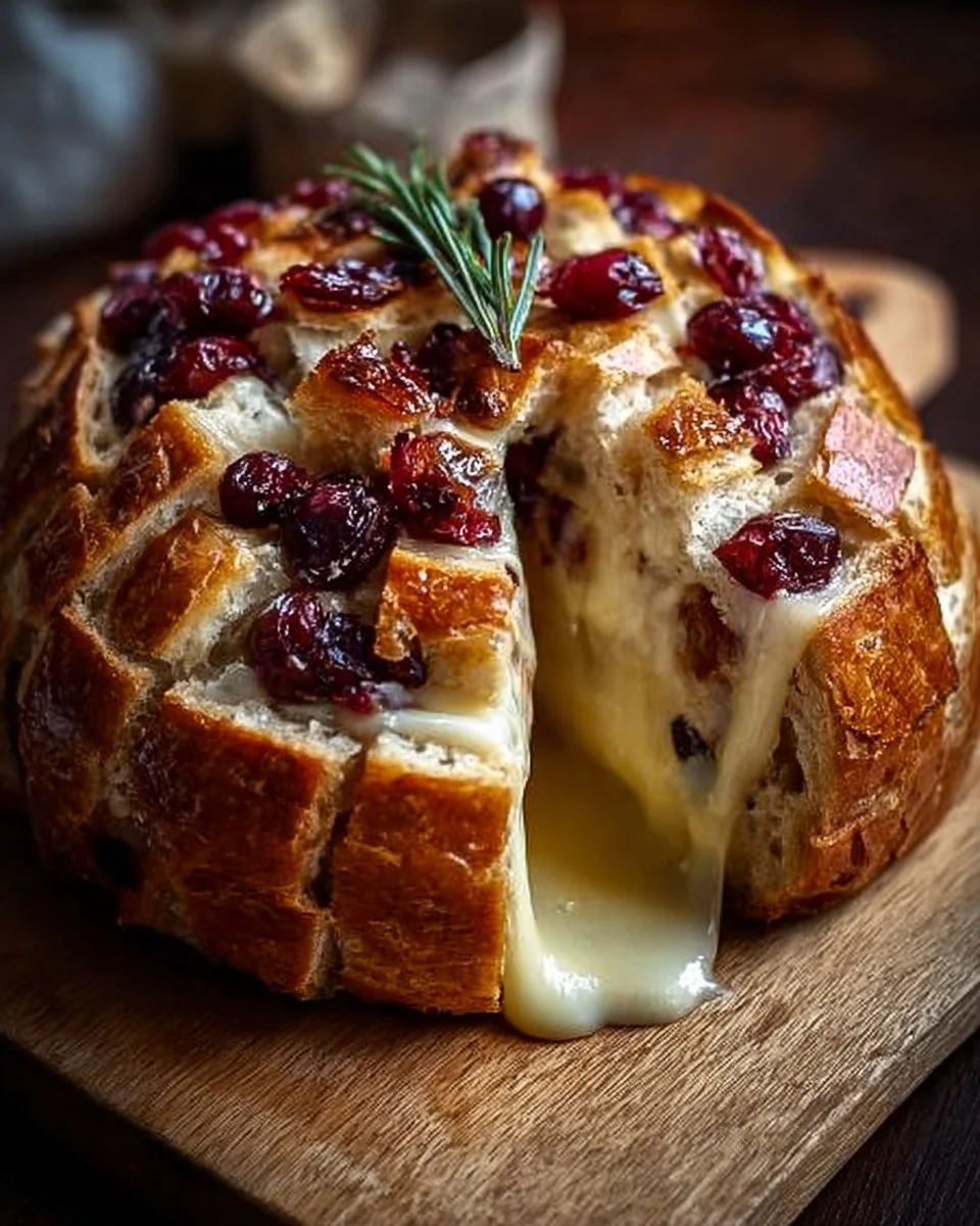 Freshly baked Cranberry Brie Sourdough Bread with melted brie and cranberries