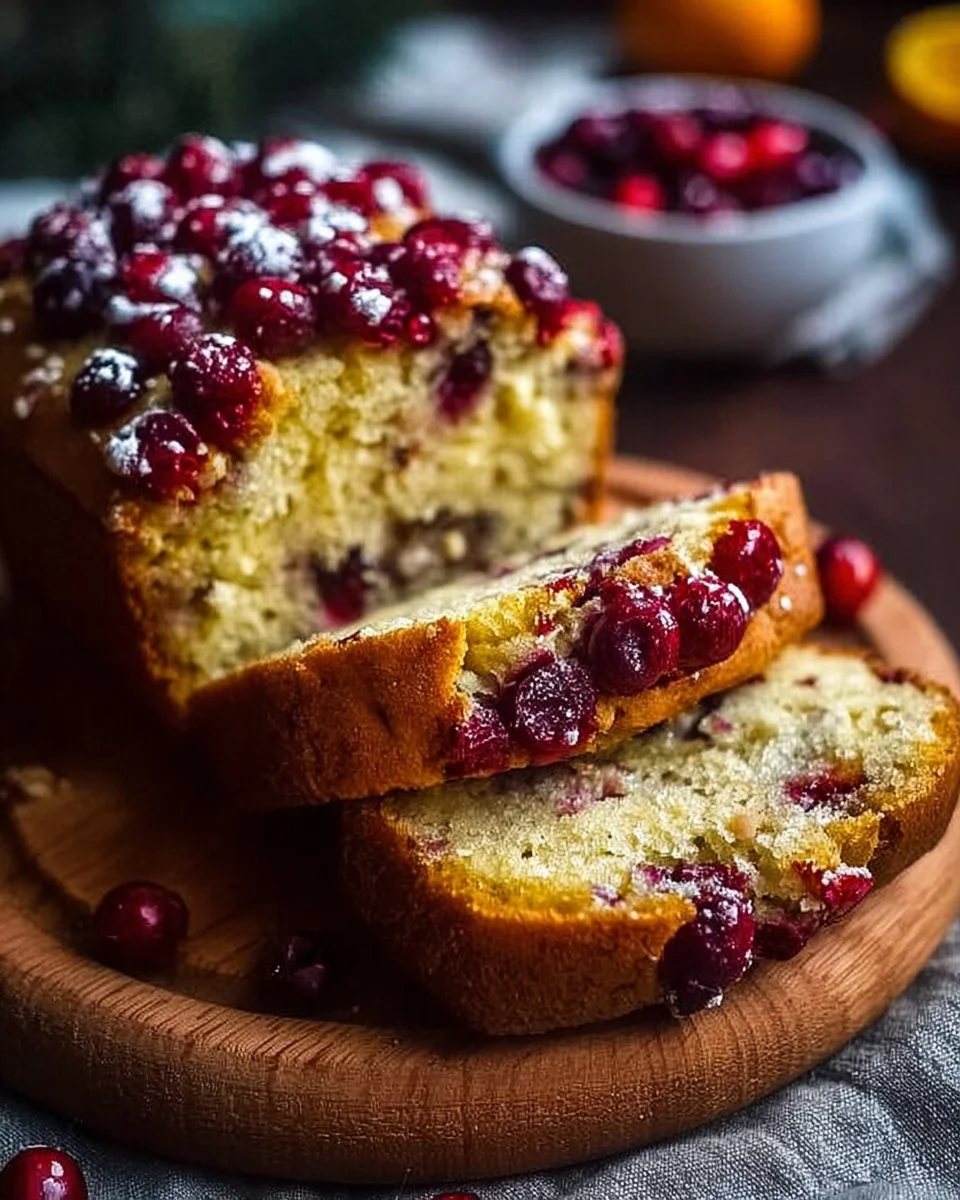 Loaf of freshly baked cranberry orange bread on a wooden table