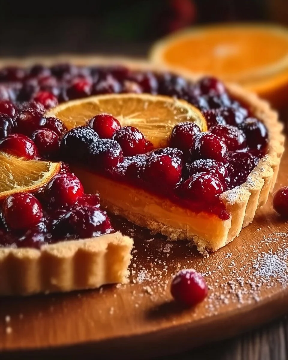 Delicious cranberry orange tart served on a white plate with garnishes