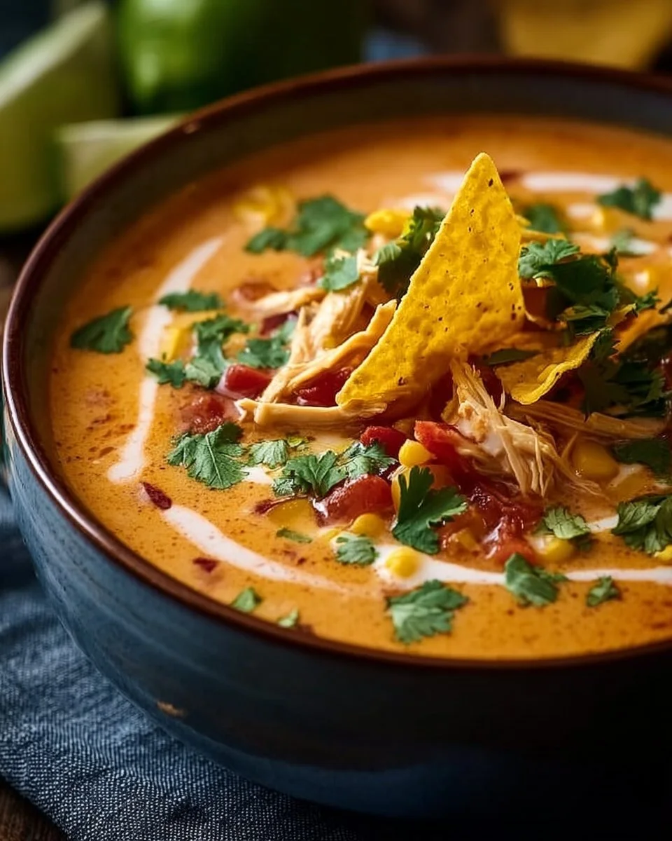 Bowl of creamy chicken tortilla soup garnished with tortilla strips and cilantro