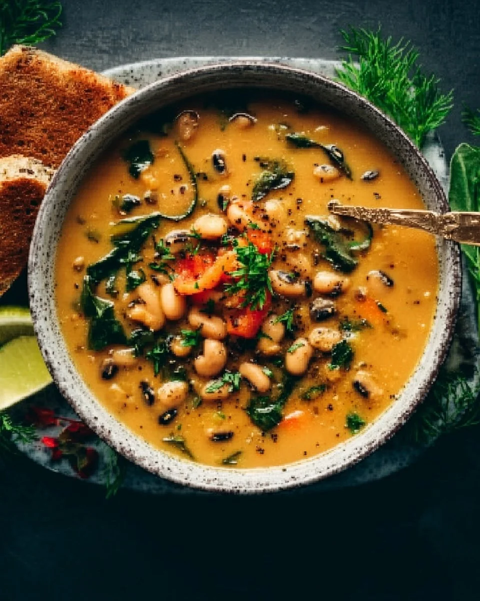Bowl of creamy curried black eyed pea soup garnished with herbs