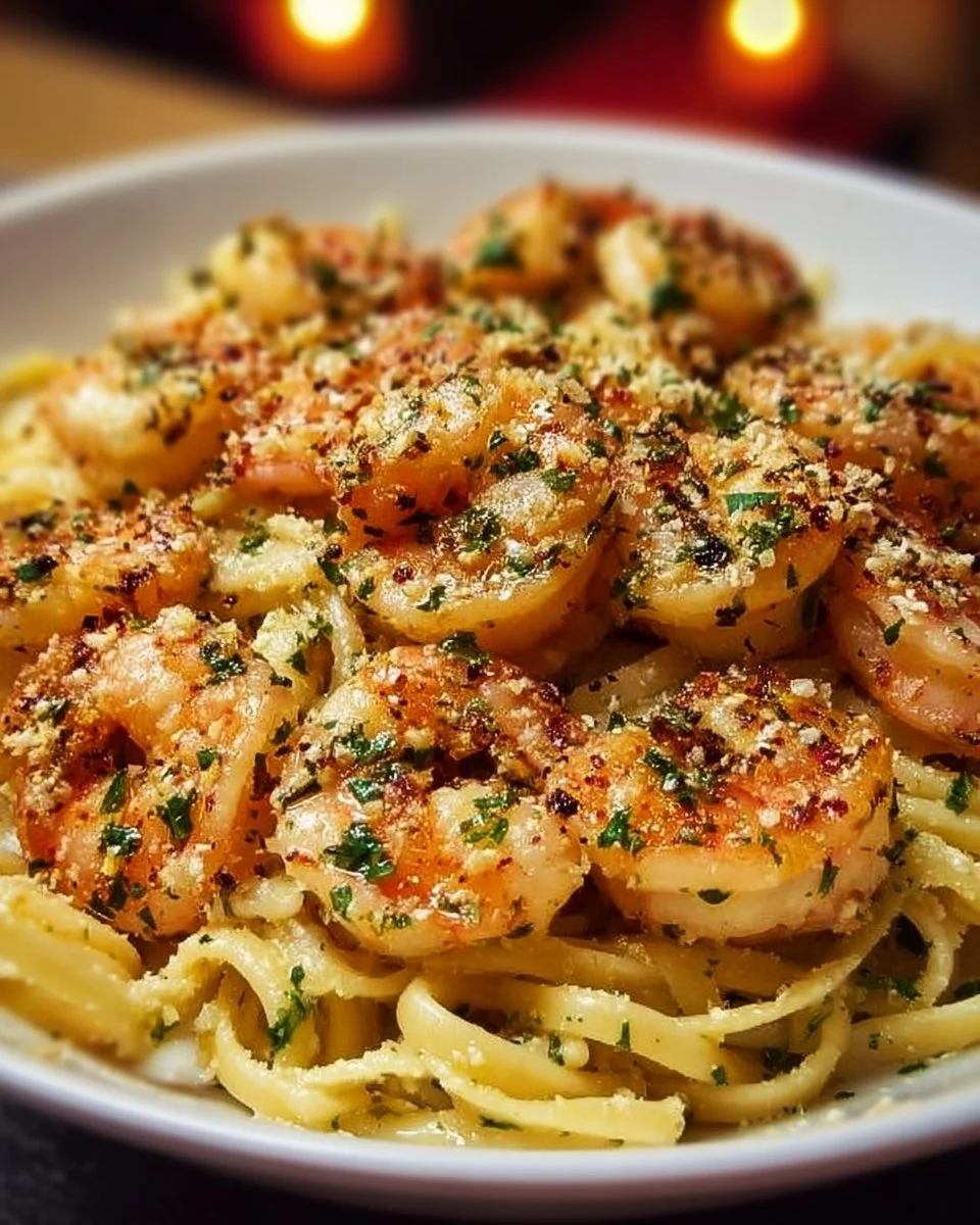 Creamy garlic parmesan shrimp pasta dish with fresh ingredients and herbs
