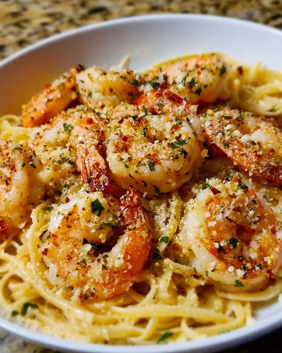 Creamy garlic parmesan shrimp pasta served in a white bowl, garnished with parsley.