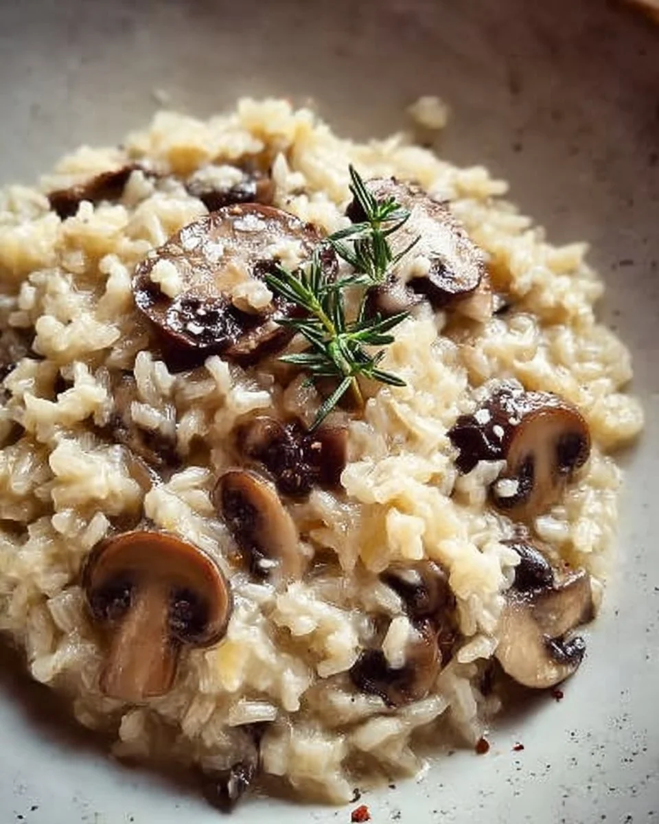 Creamy mushroom rice dish served in a bowl with fresh herbs
