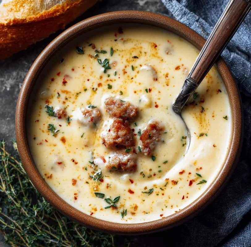 Bowl of creamy potato soup with Italian sausage and fresh herbs