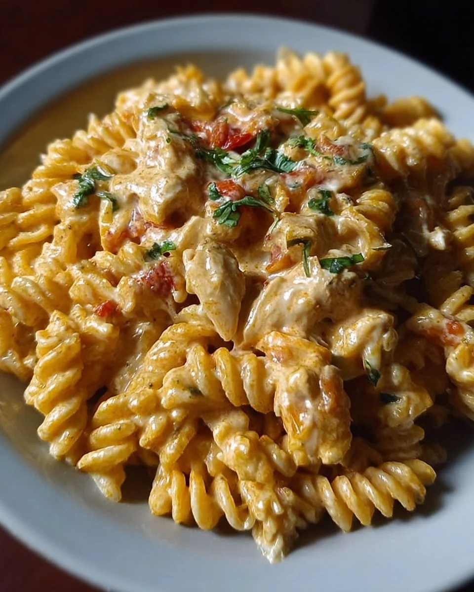 Creamy Rotel chicken pasta dish topped with melted cheese, served in a bowl