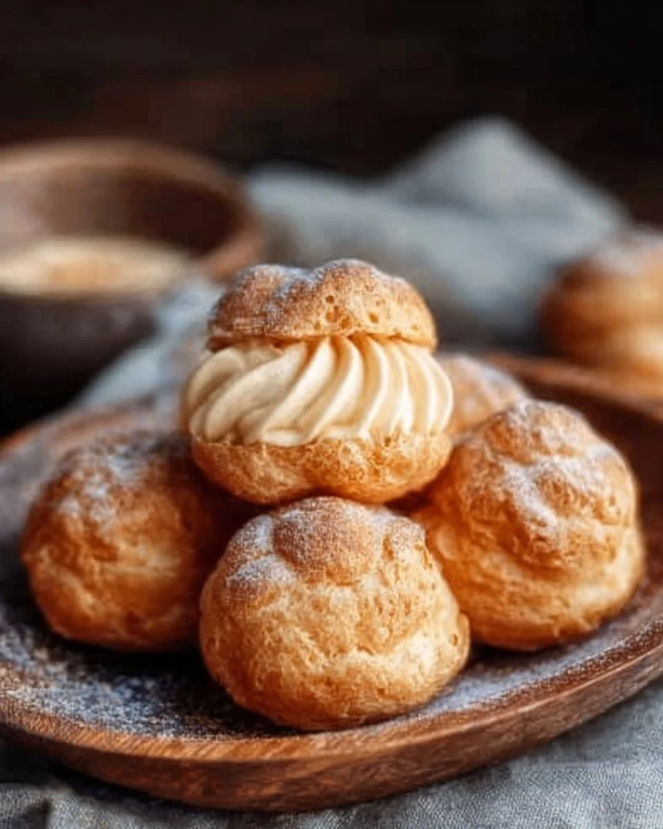 Crispy coffee cream choux puffs on a plate, topped with chocolate drizzle.