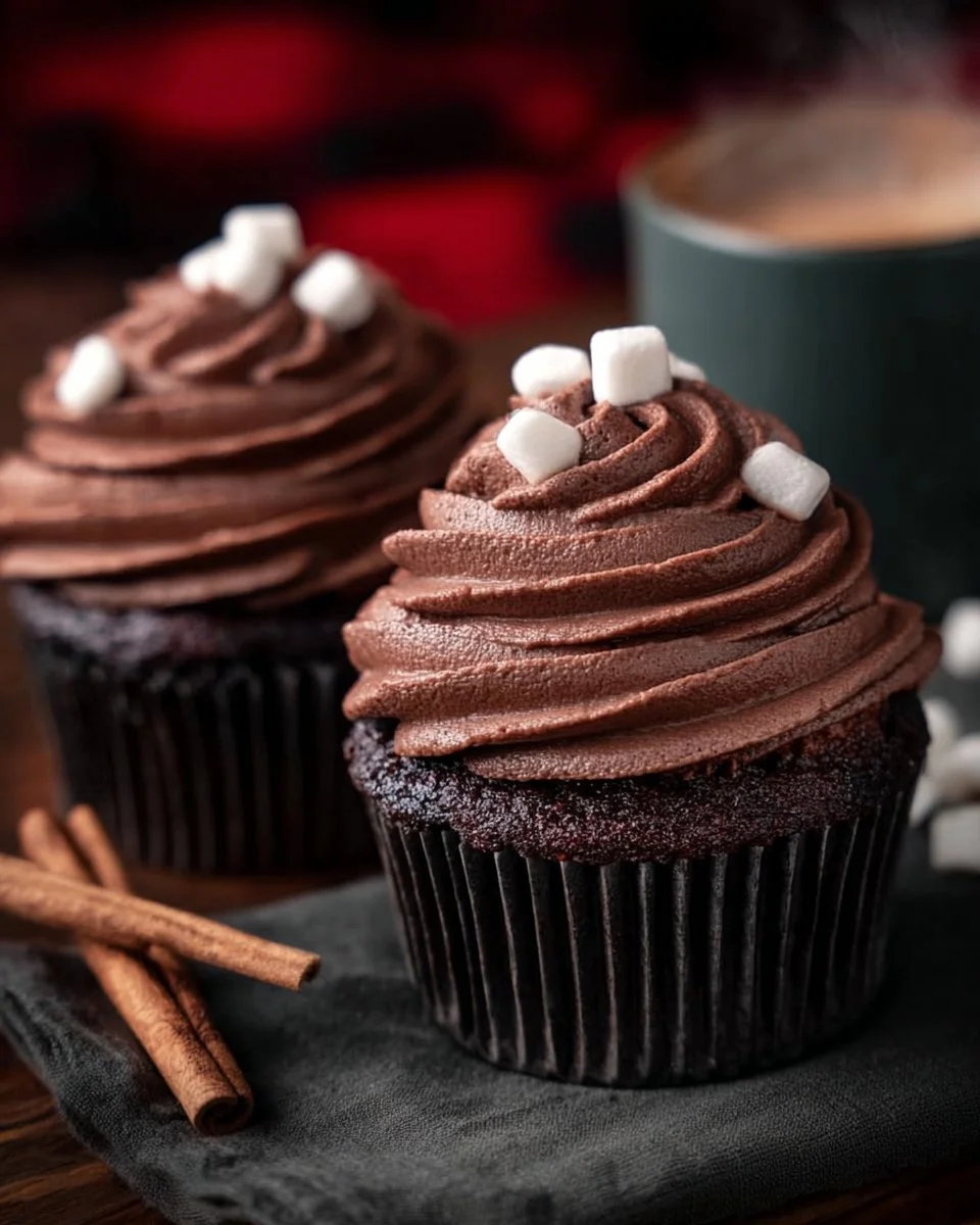 Dark chocolate cupcakes with chocolate ganache and hot cocoa frosting