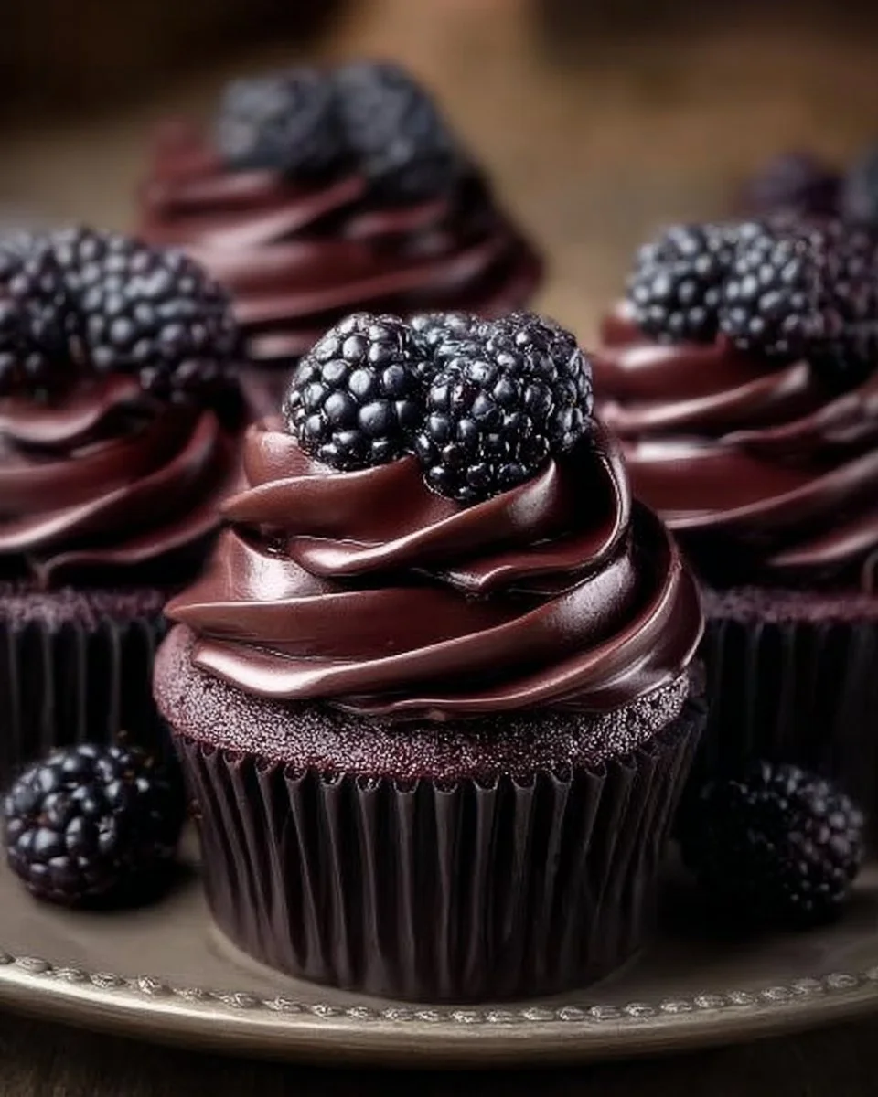 Decadent dark chocolate blackberry cupcakes topped with fresh berries.