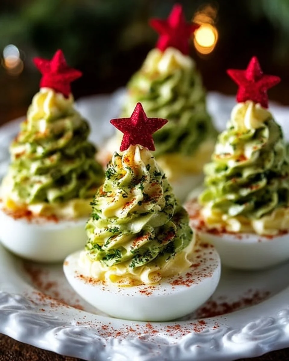 Festive deviled egg Christmas trees for holiday parties and gatherings.