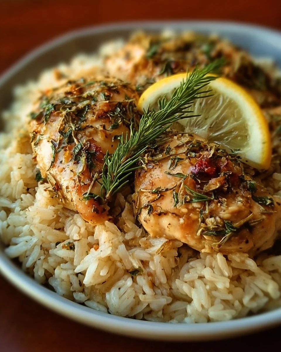Delicious slow cooker lemon herb chicken served with rice.