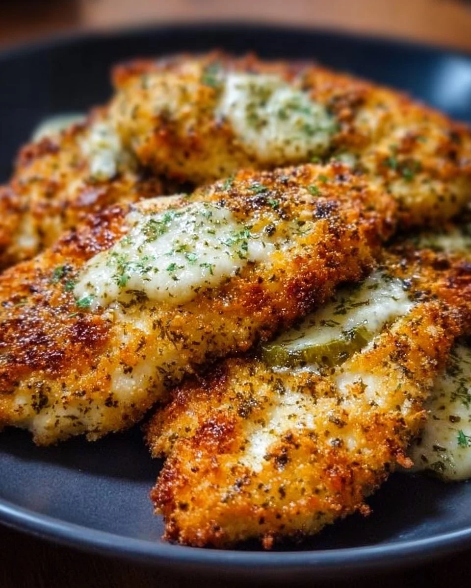 Delicious Dill Pickle Parmesan Chicken recipe on a plate garnished with herbs.
