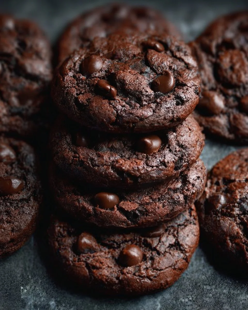 Freshly baked double chocolate chip cookies stacked on a plate
