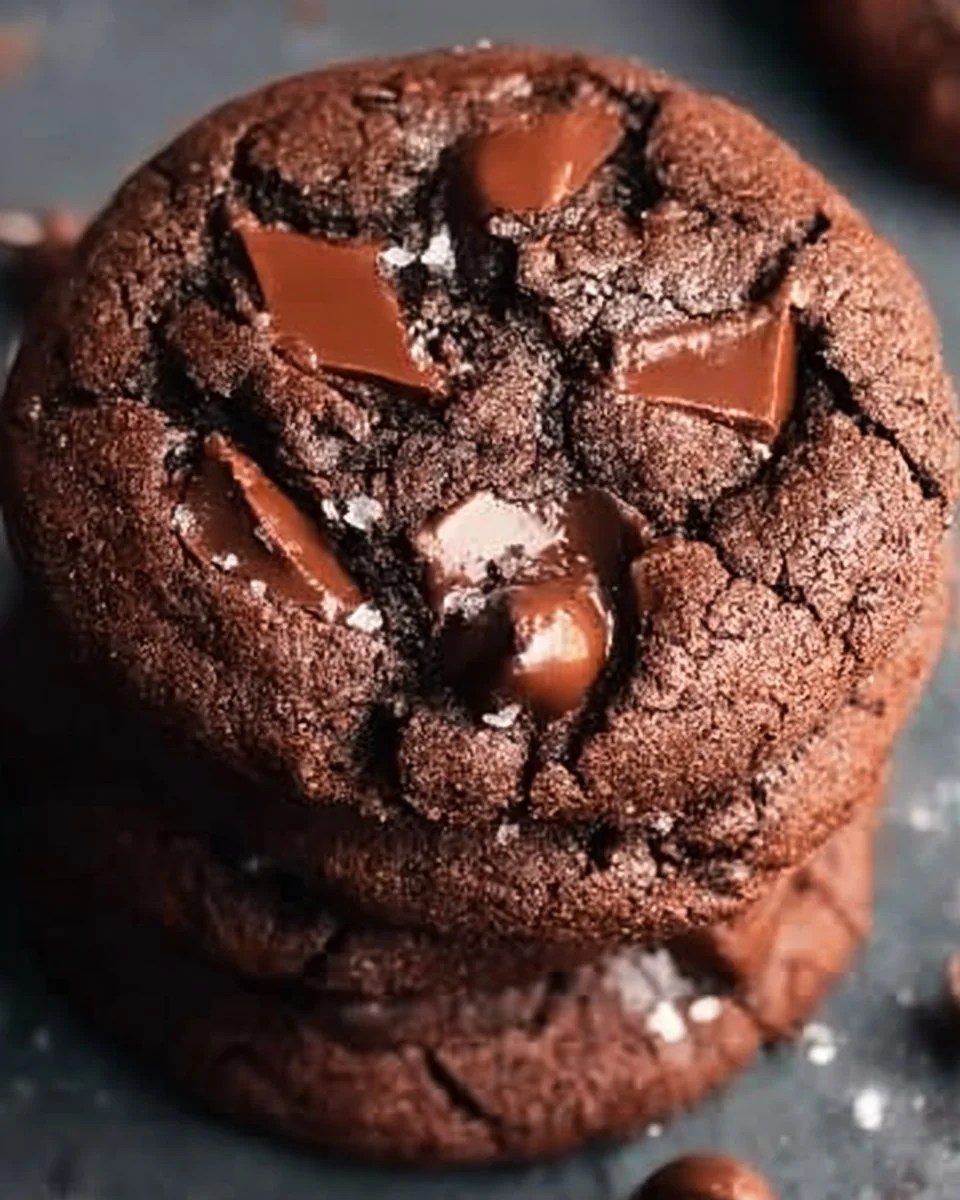 Delicious double chocolate chip cookies stacked on a plate