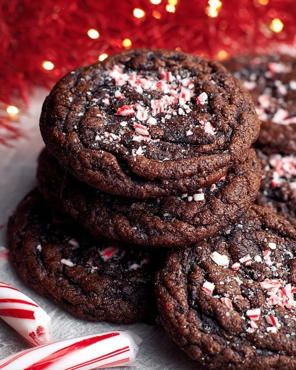 Double chocolate peppermint cookies displayed on a festive plate