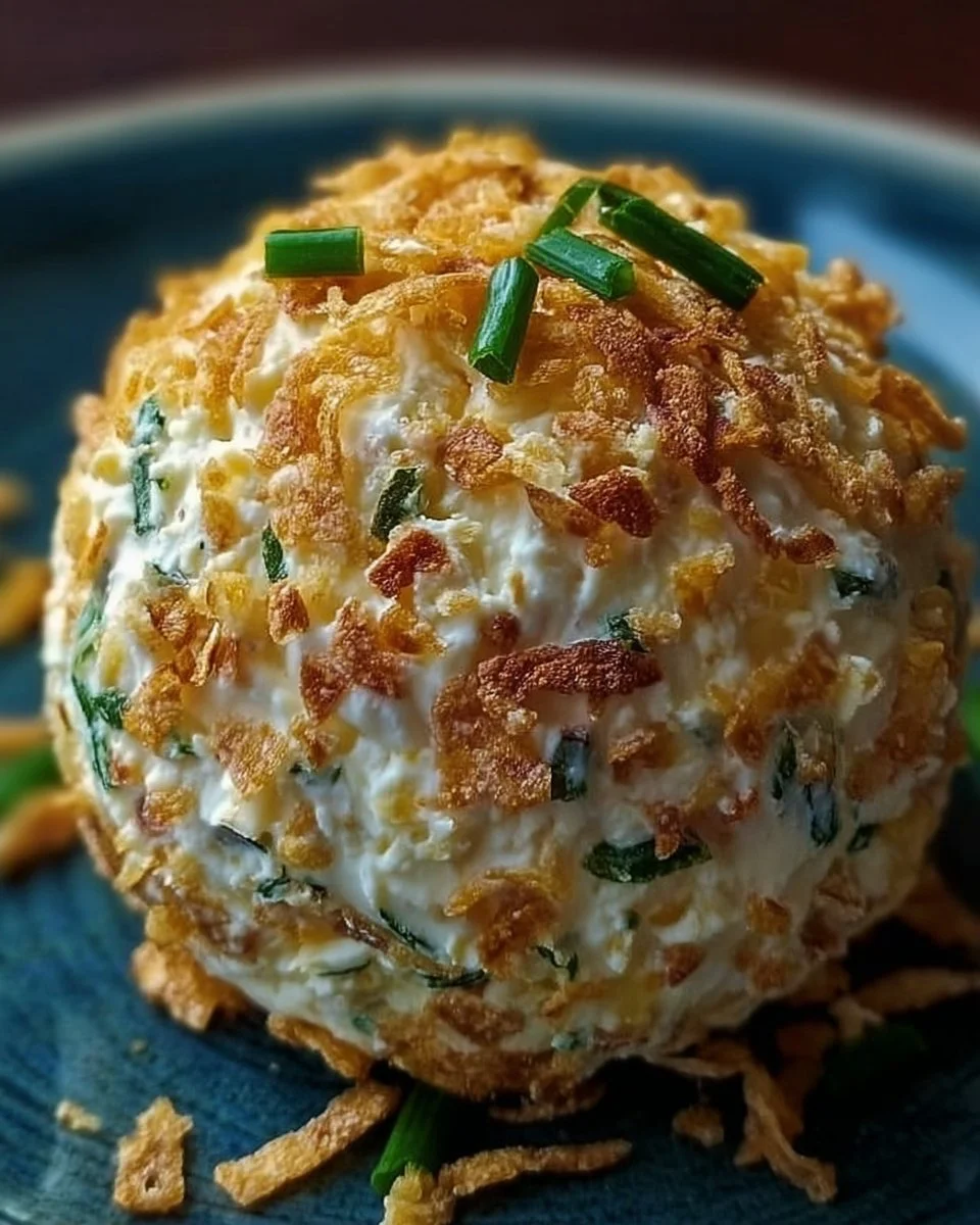 Delicious easy cheese ball garnished with herbs and served on a platter.