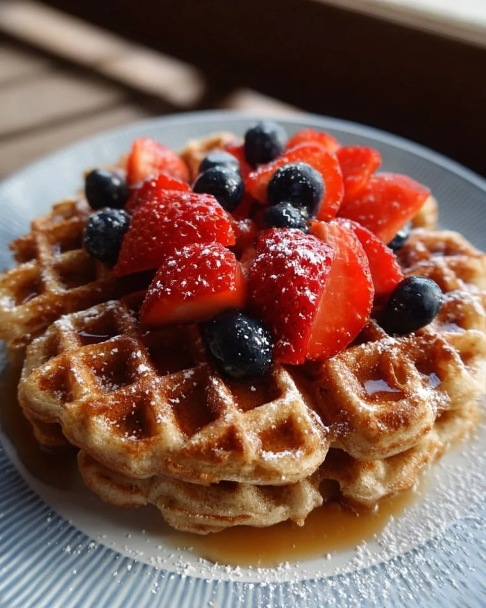 Delicious homemade protein waffle served with fresh fruits and syrup