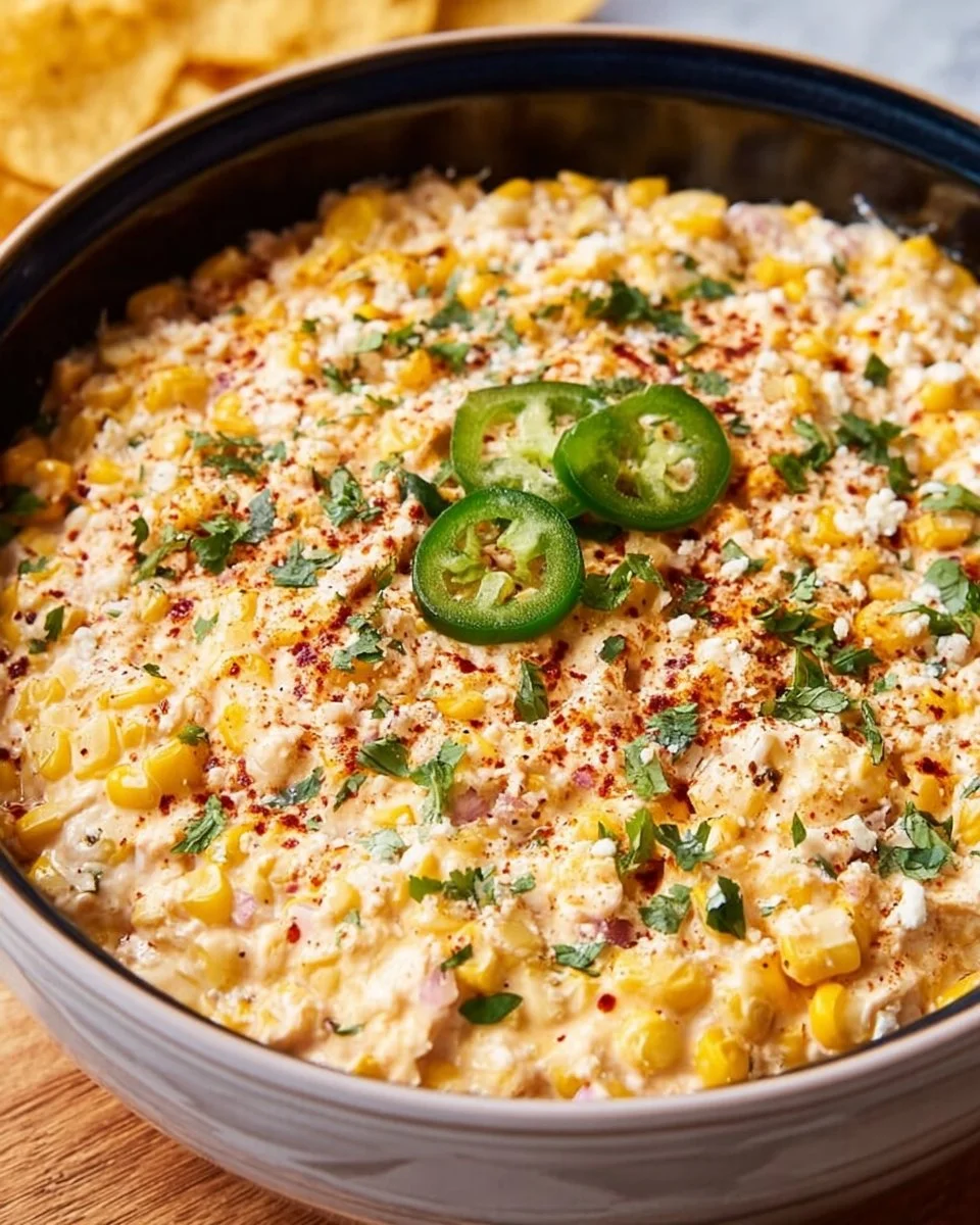 Easy slow cooker Mexican street corn dip served in a bowl with tortilla chips