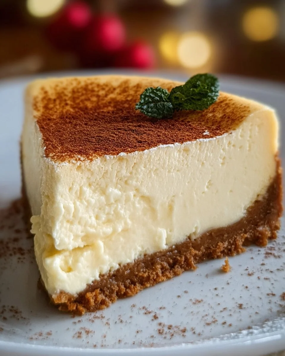 Slice of eggnog cheesecake decorated with a sprinkle of nutmeg and whipped cream