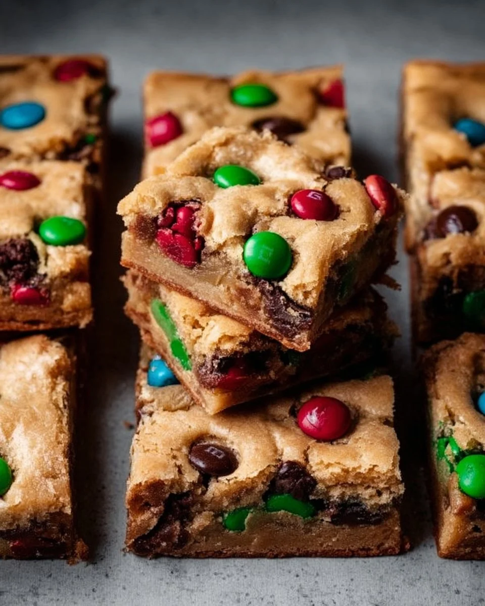 Delicious Extra Soft & Chewy M&M Cookie Bars on a plate