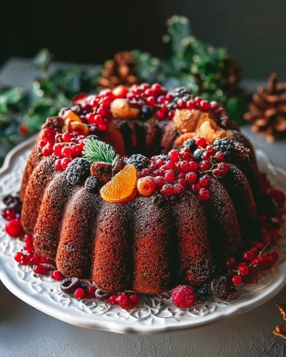 Healthy Christmas fruit Bundt cake with festive decorations and fruits