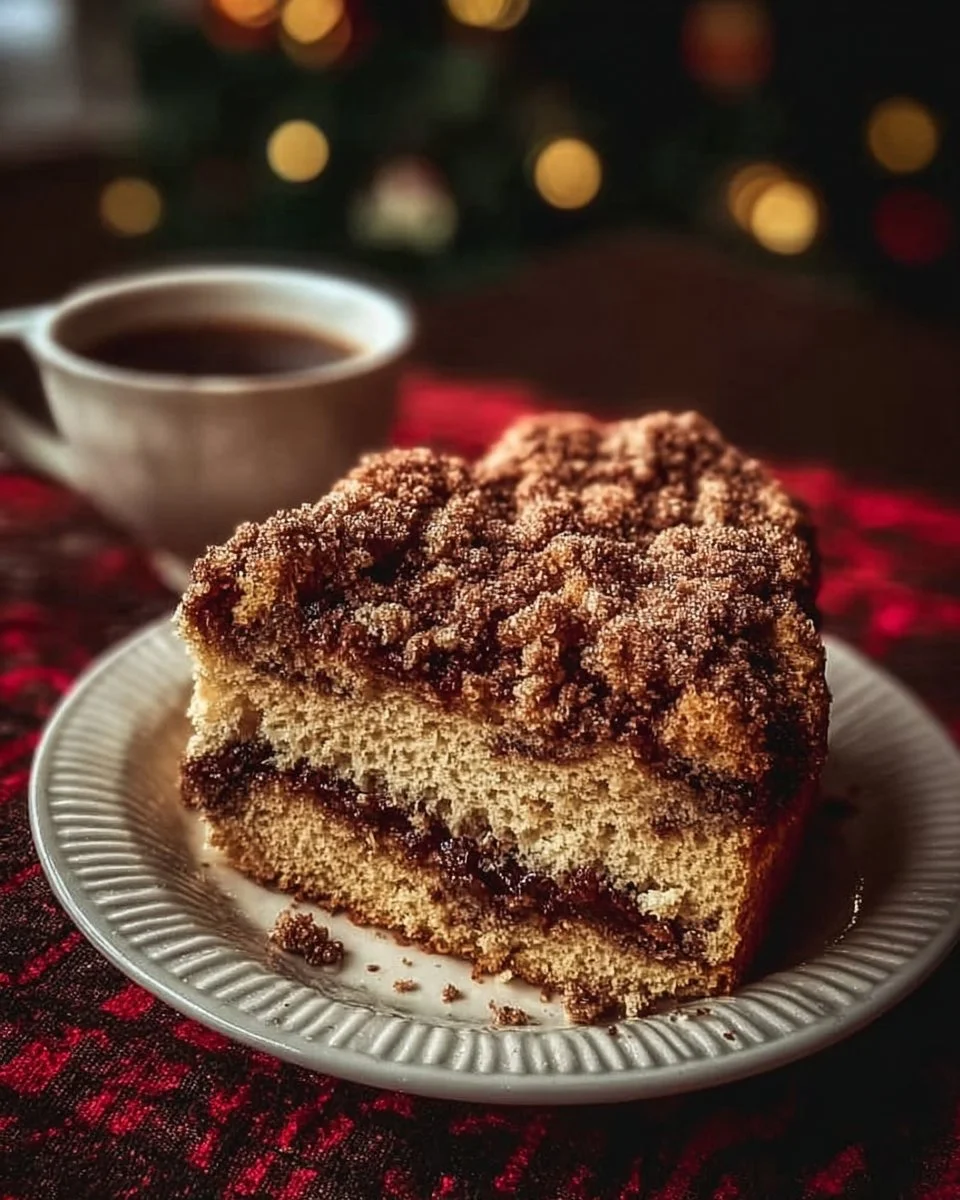 Sliced festive coffee cake topped with cinnamon and nuts on a decorative plate