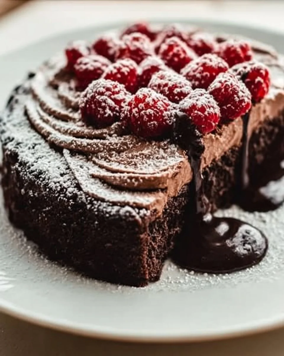 Deliciously rich Flourless Chocolate Cake topped with chocolate ganache.
