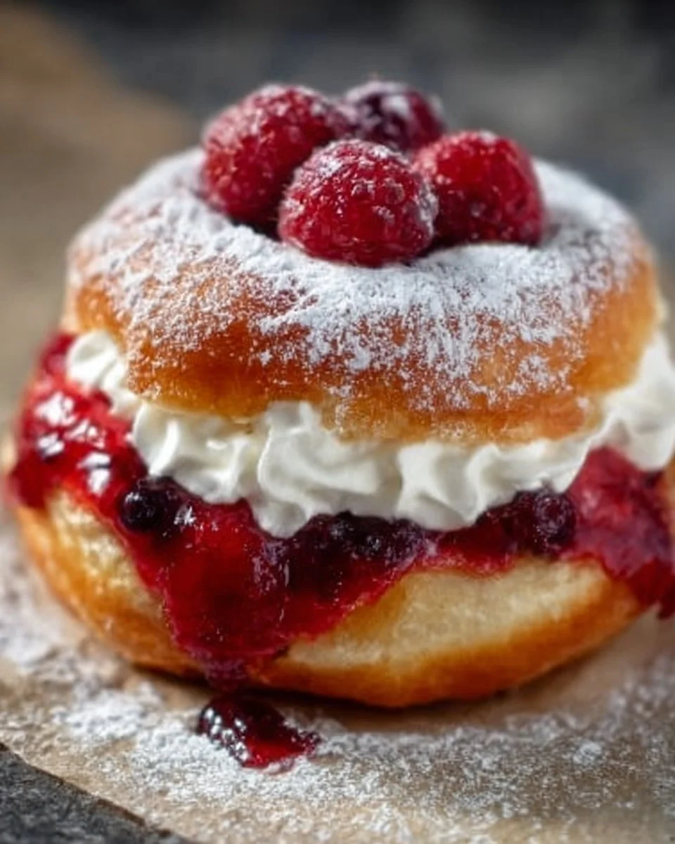 Fluffy berry cream donut with vibrant berry filling and light frosting