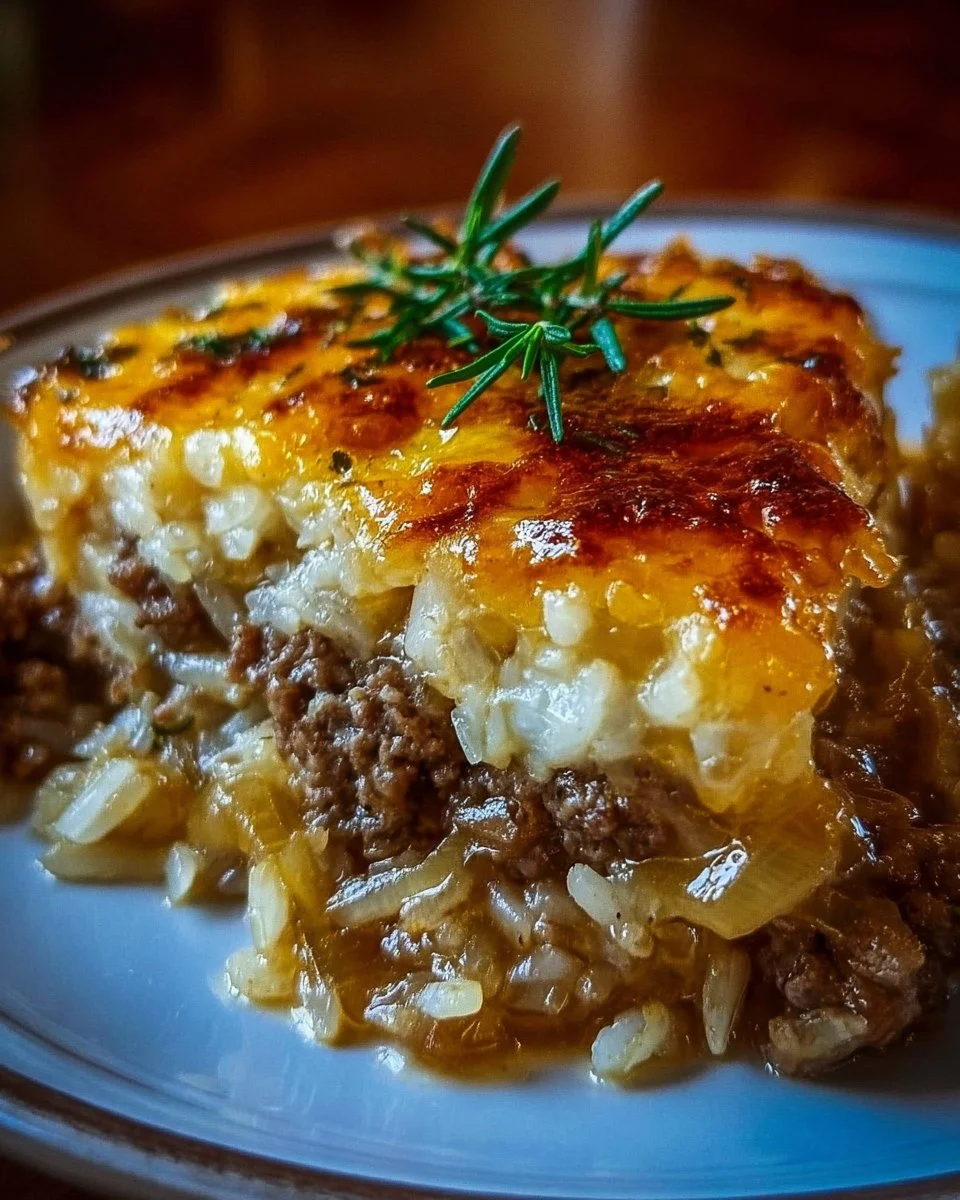 Delicious French onion ground beef and rice casserole topped with melted cheese