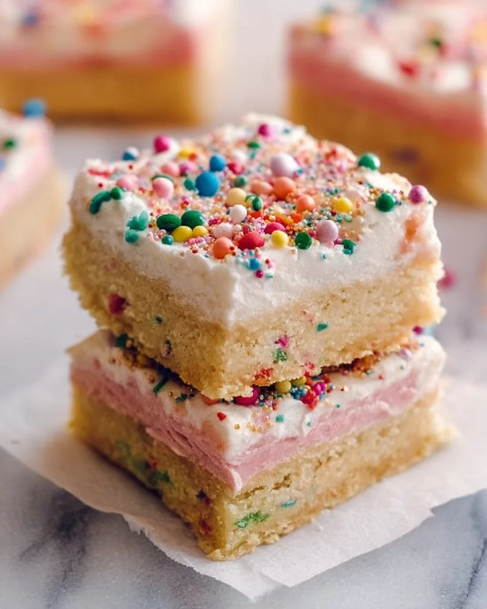 Delicious frosted sugar cookie bars topped with colorful icing