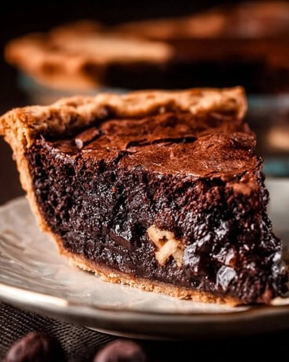 Decadent fudge brownie pie slice on a plate with a fork