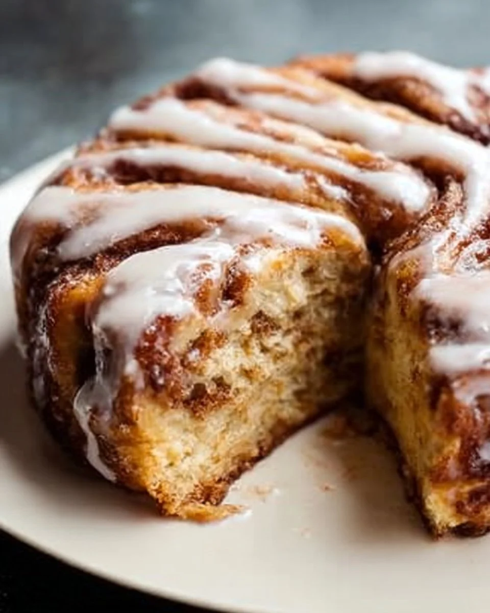 Giant cinnamon roll cake topped with icing and sprinkled with cinnamon