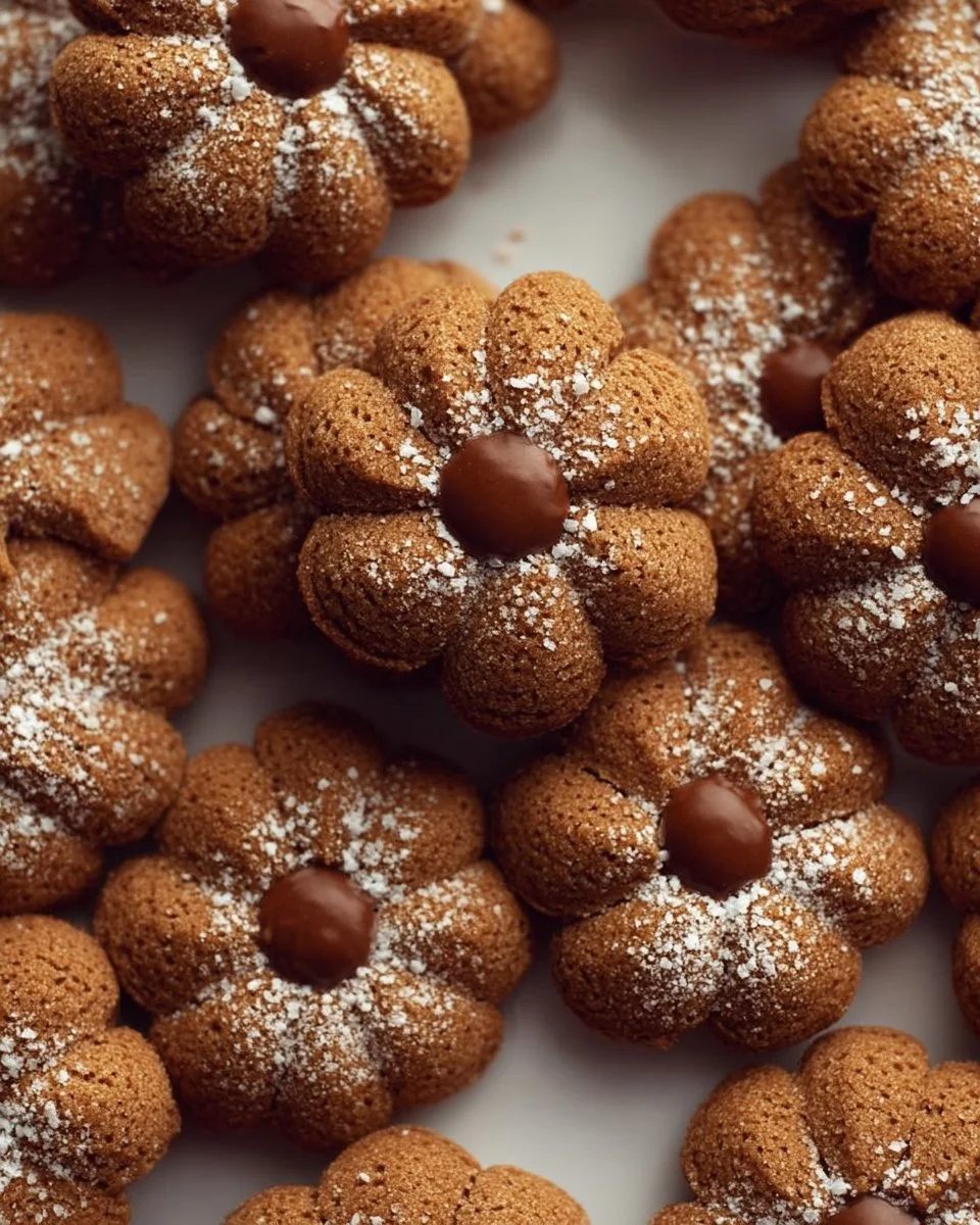Plate of freshly baked Gingerbread Blossoms cookies topped with chocolate kisses.