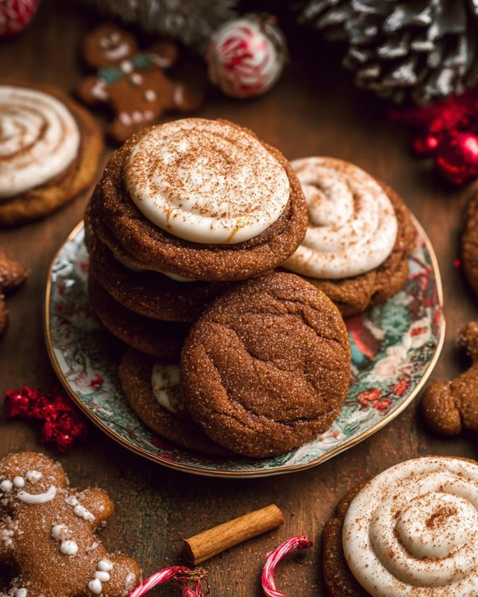 Delicious Gingerbread Cheesecake Cookies on a festive plate with holiday decorations.