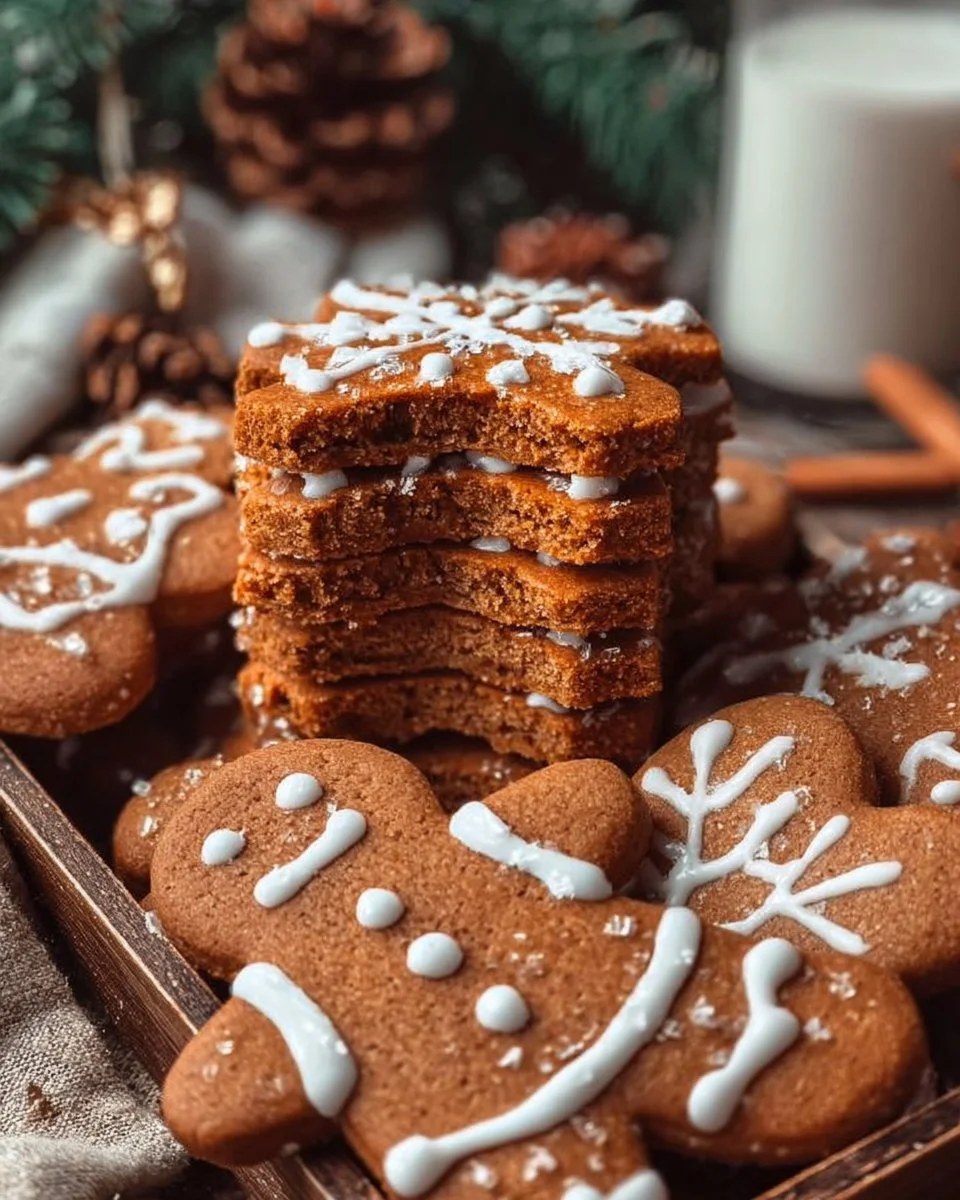 Homemade gingerbread cookies decorated with icing and festive sprinkles.