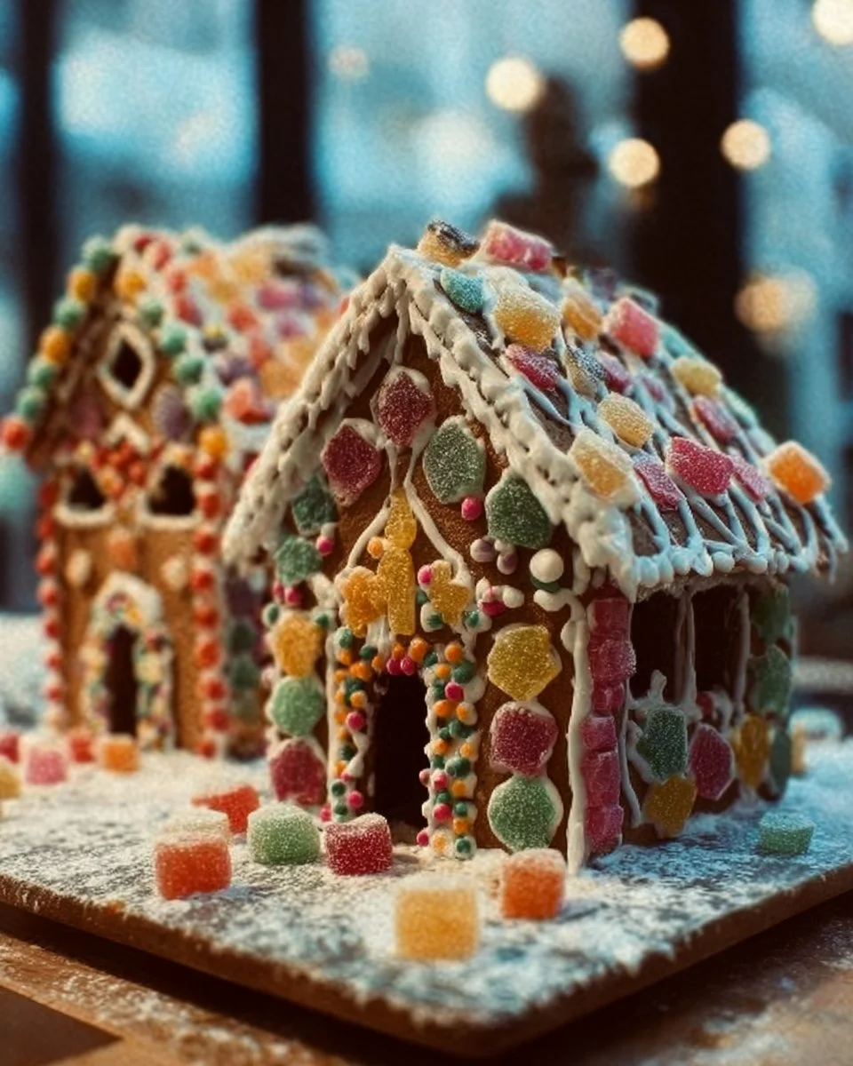 Beautifully decorated gingerbread houses with candy and icing details