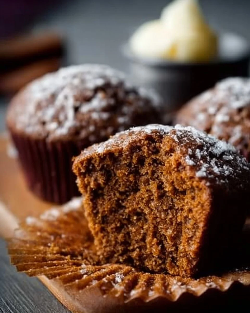 Freshly baked gingerbread muffins topped with spices and served on a rustic plate