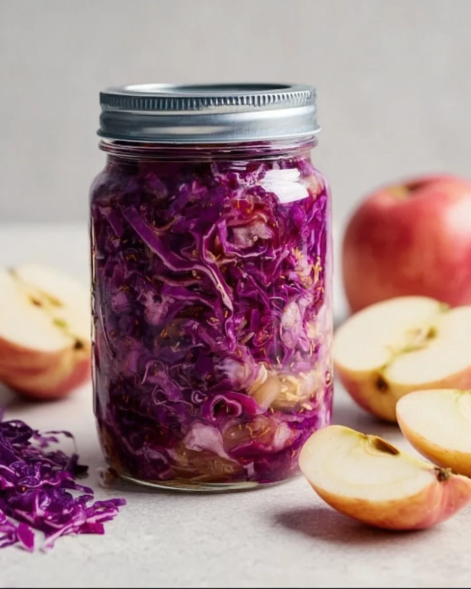 Gingery apple cabbage sauerkraut in a glass jar with fresh ingredients