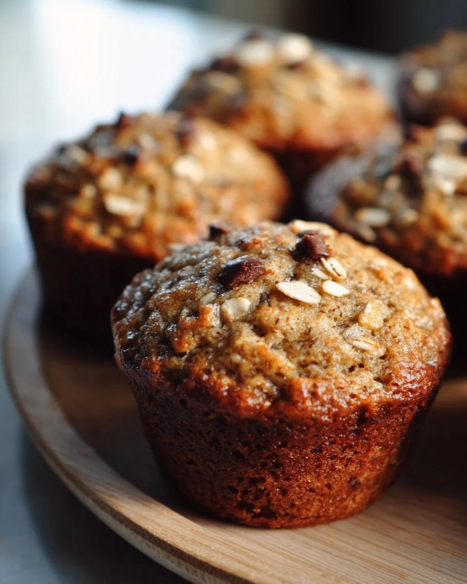 Baked Greek yogurt oatmeal muffins displayed on a wooden surface