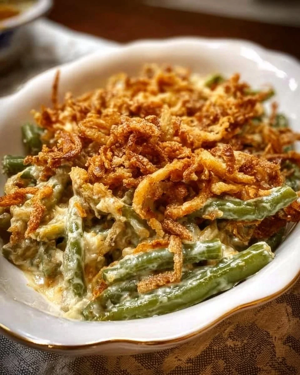 Delicious homemade green bean casserole with crispy onions topping.