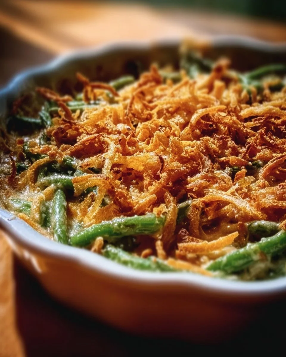 Homemade green bean casserole made from scratch with fresh ingredients.