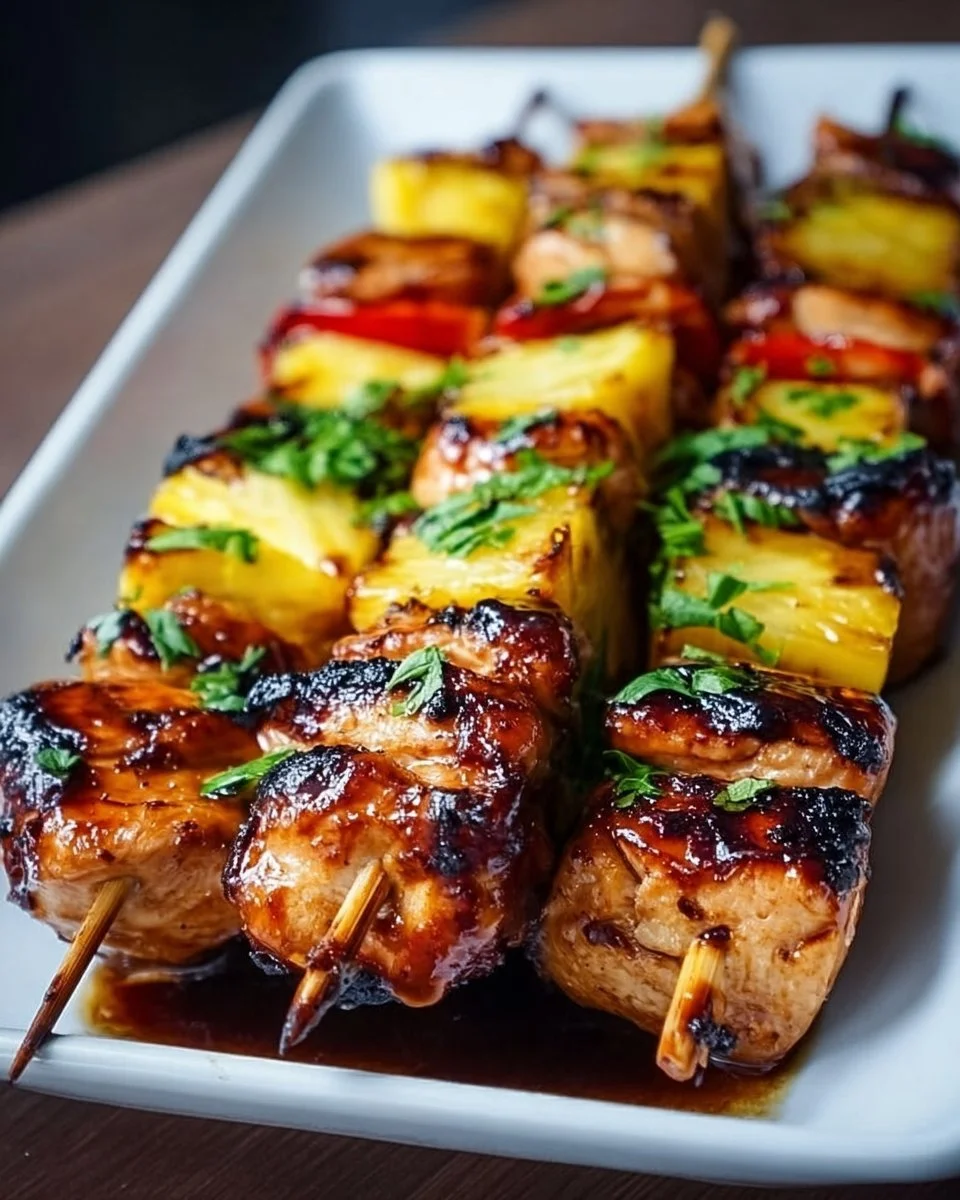 Grilled BBQ pineapple chicken kabobs skewered and ready to serve.