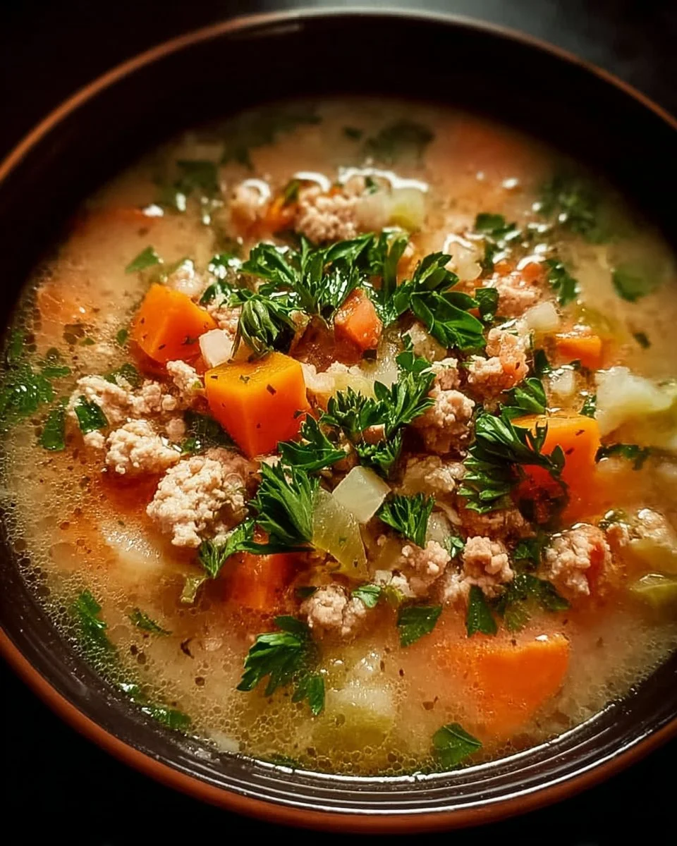 Bowl of hearty ground turkey soup with vegetables and herbs