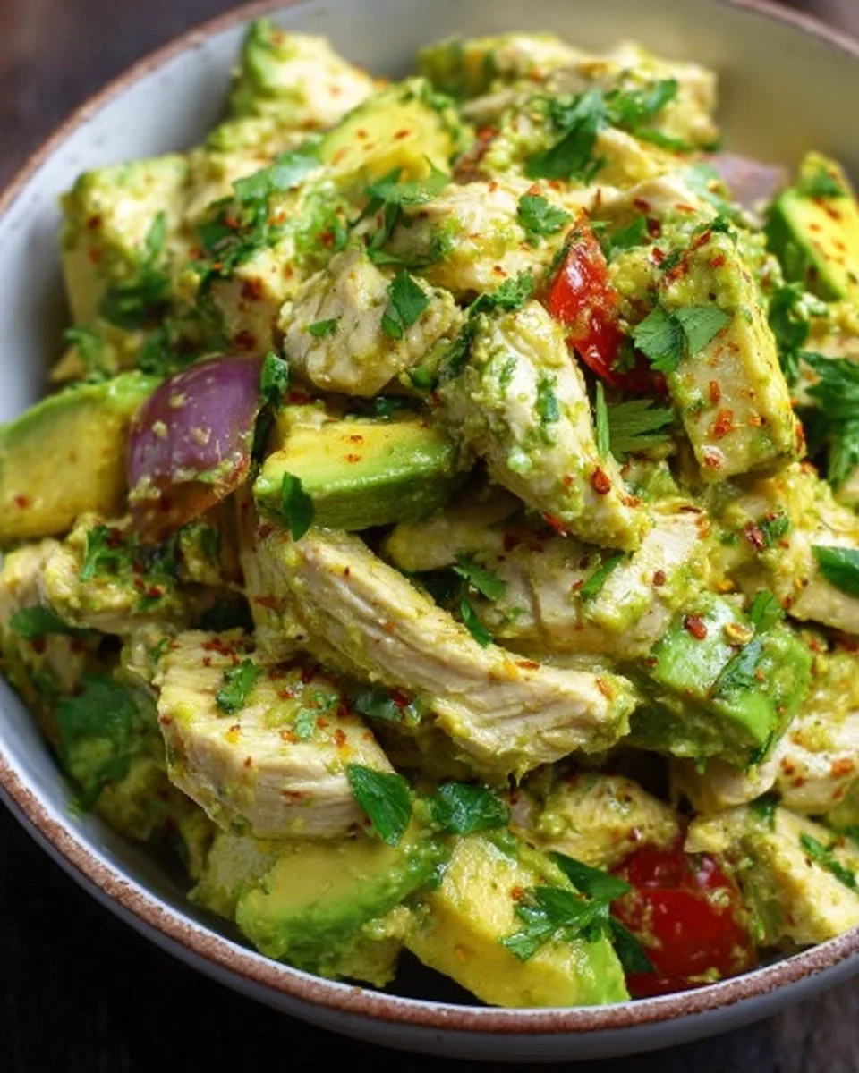 Healthy avocado chicken mix served in a bowl with fresh ingredients.