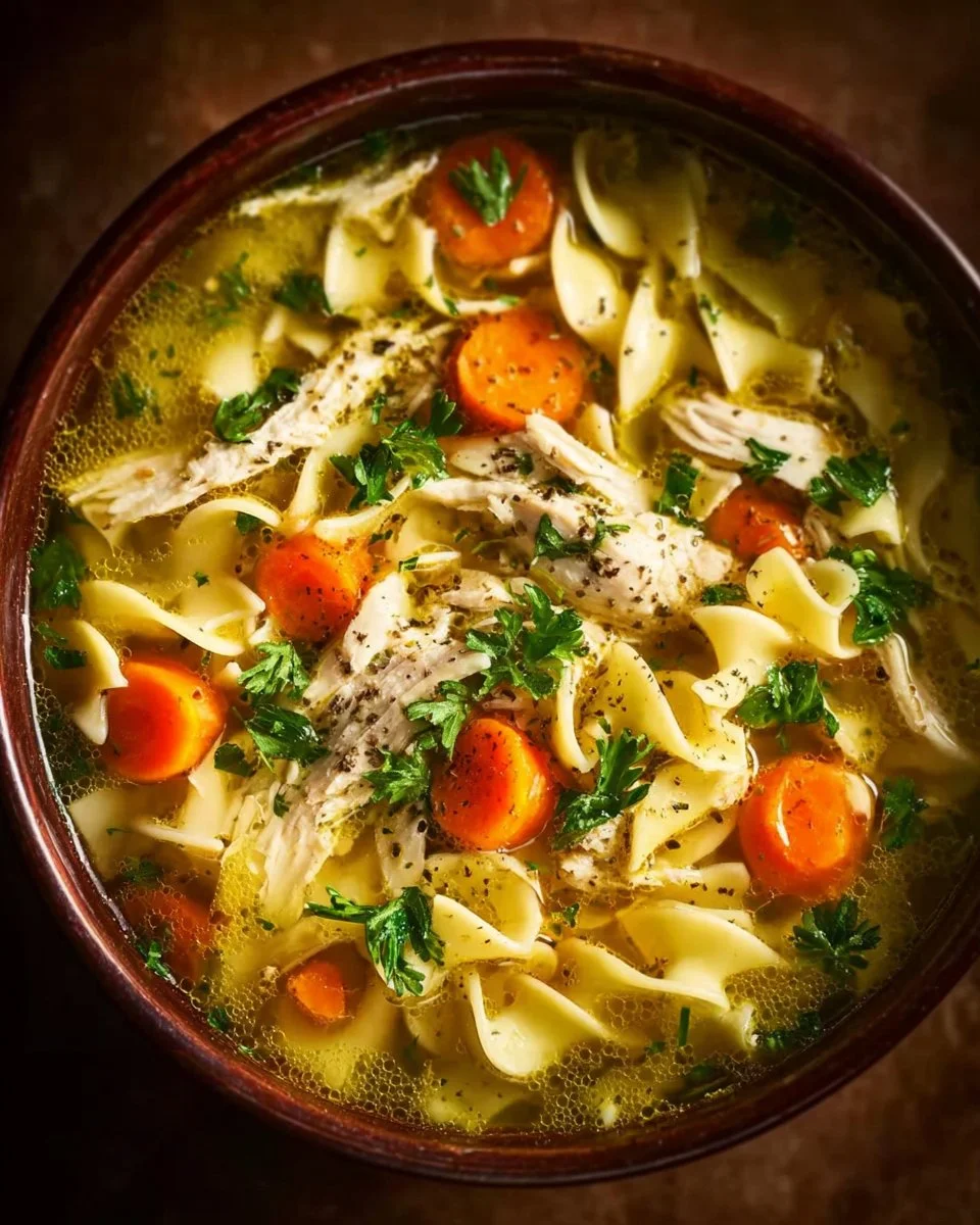 Bowl of hearty homemade chicken noodle soup with fresh vegetables and herbs