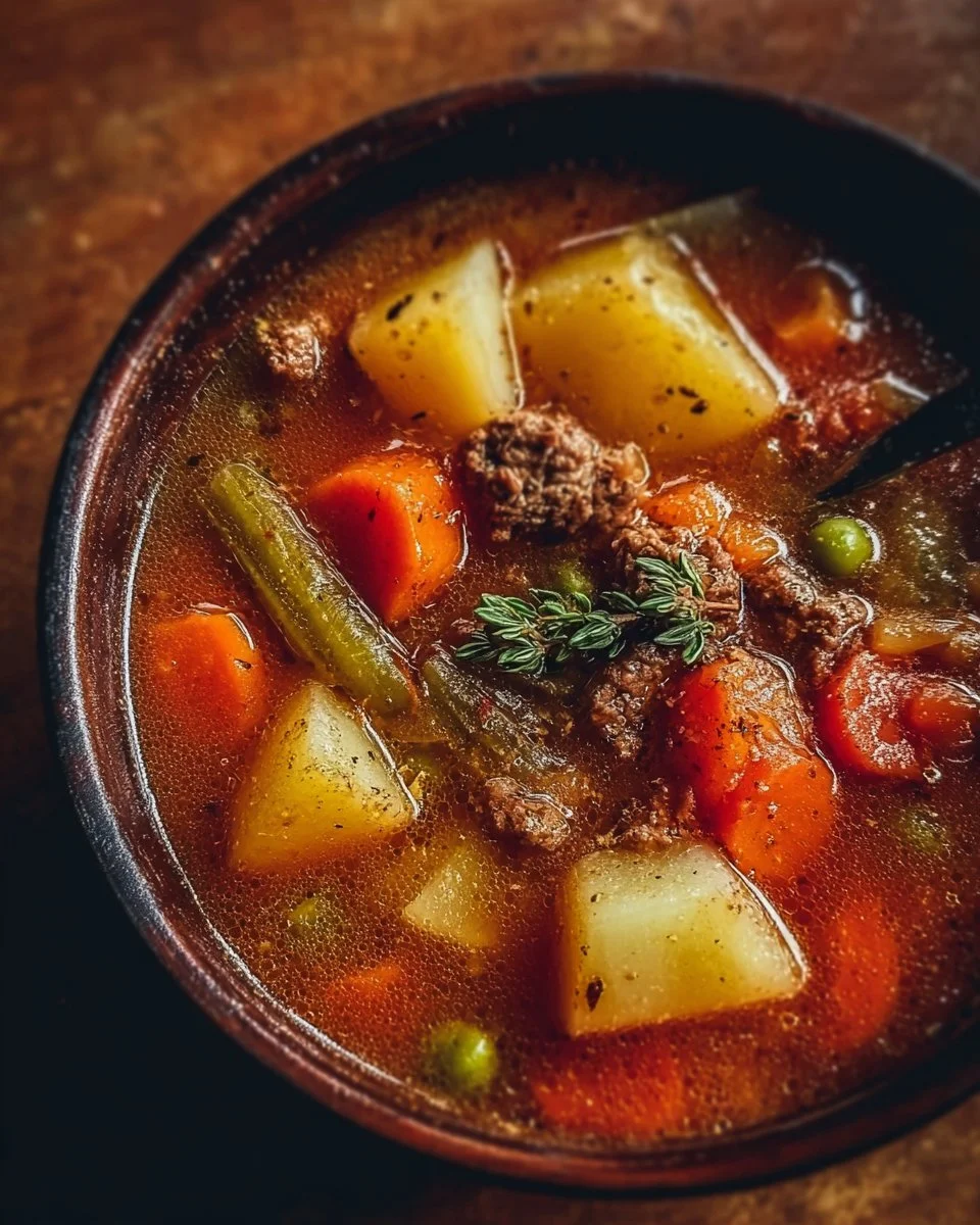 A delicious bowl of hearty vegetable beef soup filled with fresh vegetables and tender beef.