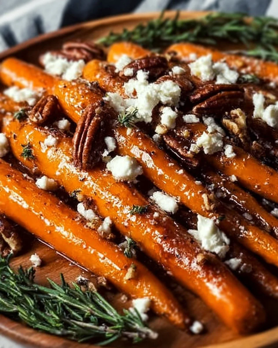 Plate of heavenly roasted carrots with candied pecans and goat cheese.